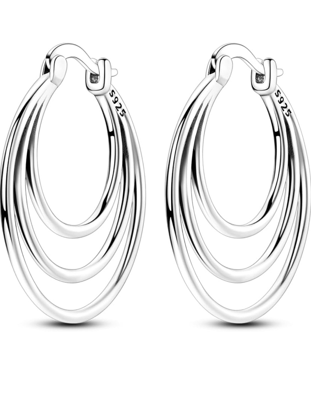 Sterling Silver Triple Hoop Drop Earrings - Silver